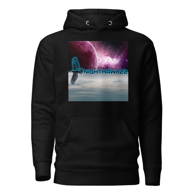 Black hoodie with NightHawk22 logo and space artwork on the chest.